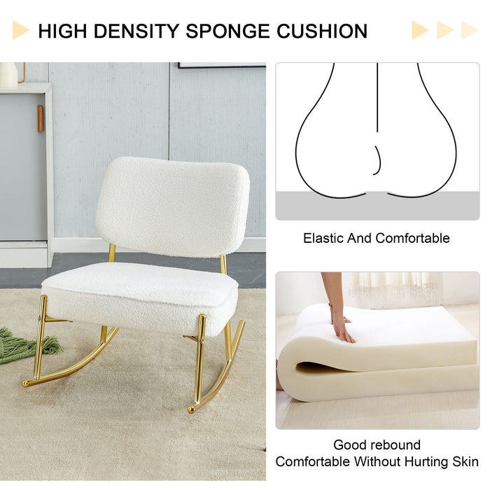 Teddy Suede Material Cushioned Rocking Chair, Unique Rocking Chair, Cushioned Seat, White Rocking Chair With Backrest And Golden Metal Legs Comfortable Side Chairs In Living Room, Bedroom, Office