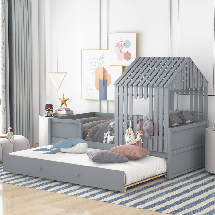 Twin Size House Low Loft Bed With Trundle, Gray