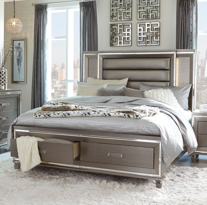Modern Bedroom Furniture 1 Piece Queen Platform Bed Footboard Storage Upholstered LED Headboard Silver - Gray Metallic Finish