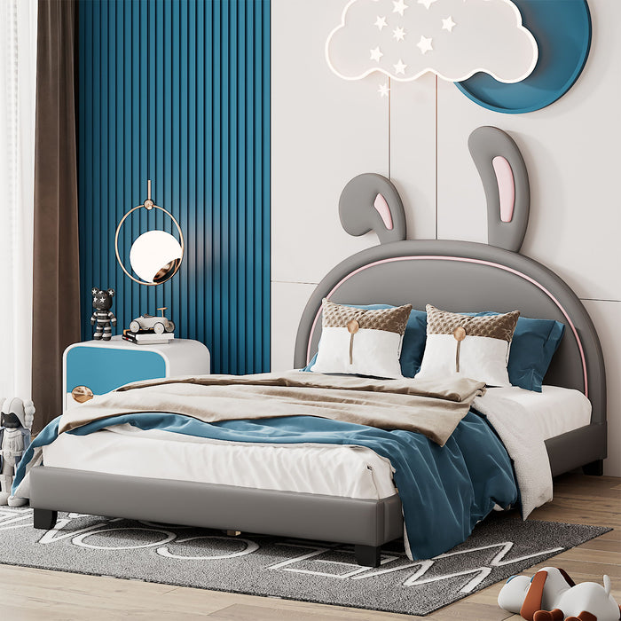 Full Size Upholstered Leather Platform Bed With Rabbit Ornament, Gray