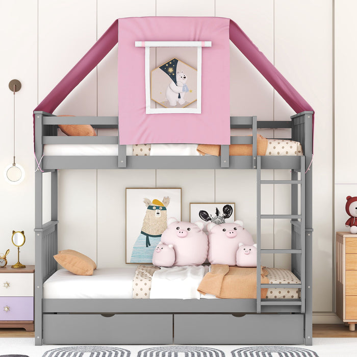 Twin Over Twin Bunk Bed Wood Bed With Tent And Drawers, Gray / Pink Tent