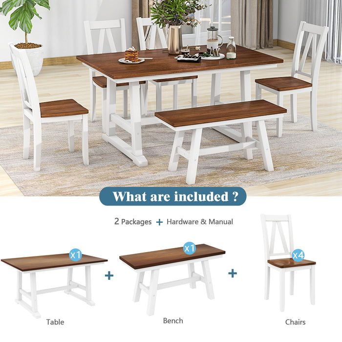 Topmax 6 Piece Wood Dining Table Set Kitchen Table Set With Long Bench And 4 Dining Chairs, Farmhouse Style, Walnut / White