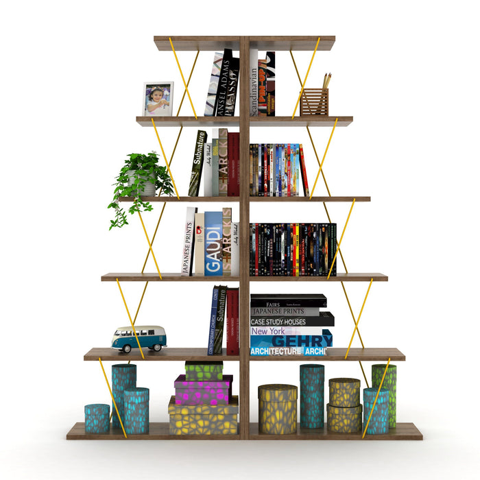 Furnish Home Store Modern 5 Tier Ladder Bookshelf Organizers, Narrow Bookshelf For Small Spaces Office Furniture Bookcase, Walnut/Yellow