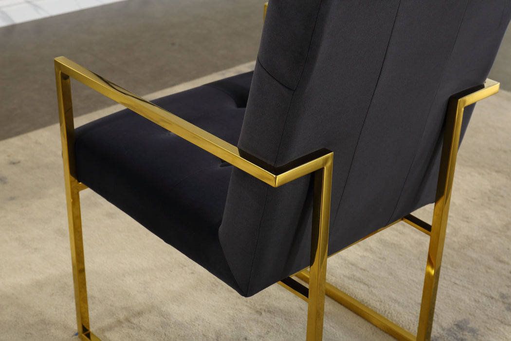 Modern Velvet Dining Arm Chair Set of 1, Tufted Design And Gold Finish Stainless Base - Black