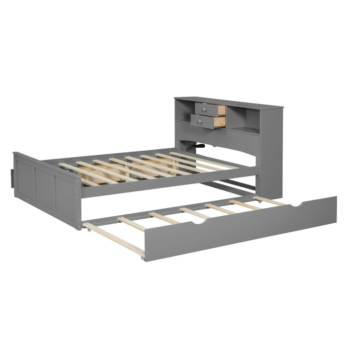 Full Size Wood Pltaform Bed With Win Size Trundle, 3 Drawers, Upper Shelves And A Set Of USB Ports & Sockets, Gray