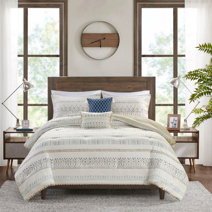 5 Piece Printed Seersucker Comforter Set With Throw Pillows - Blue / Taupe