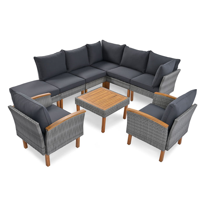 Go 9 Piece Patio Rattan Furniture Set, Outdoor Conversation Set With Acacia Wood Legs And Tabletop, Rattan Sectional Sofa Set With Coffee Table, Washable Cushion, Gray