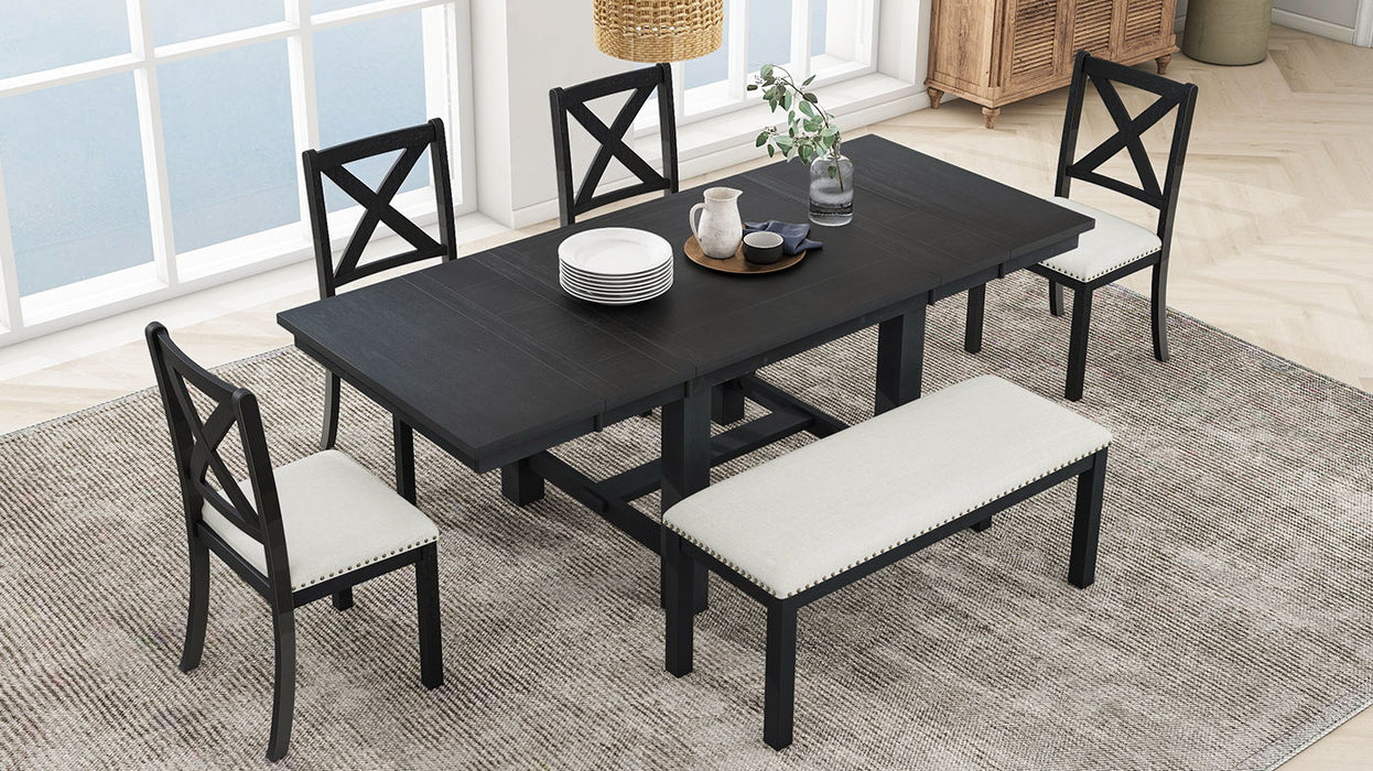 Top max Farmhouse 82 Inch 6 Piece Extendable Dining Table With Footrest, 4 Upholstered Dining Chairs And Dining Bench, Two 11"Removable Leaf, Black / Beige Cushion
