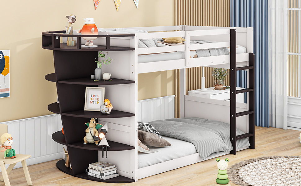 Twin Over Twin Boat-Like Shape Bunk Bed With Storage Shelves, Cream / Espresso