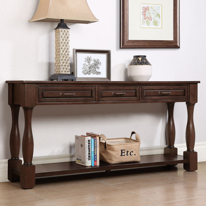 63 Inch Long Wood Console Table With 3 Drawers And 1 Bottom Shelf For Entryway Hallway Easy Assembly Extra-Thick Sofa Table (Light Espresso)