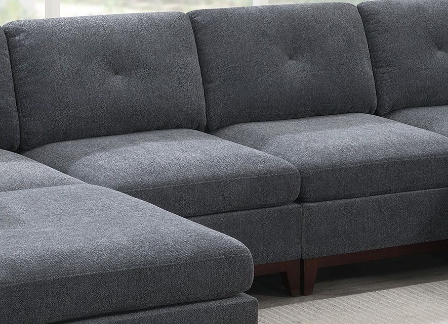 Ash Gray Chenille Fabric Modular Sectional 6 Piece Set Living Room Furniture U-Sectional Couch 2 Corner Wedge 2 Armless Chairs And 2 Ottomans Tufted Back Exposed Wooden Base