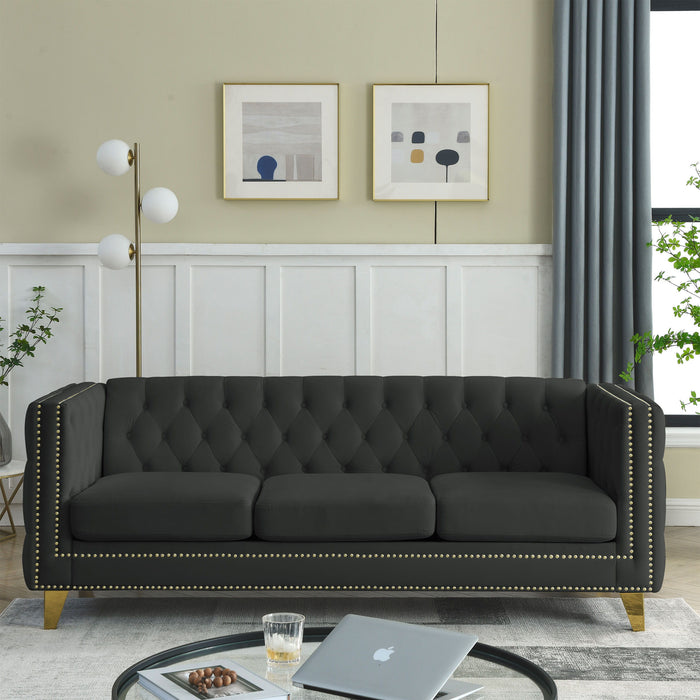 Velvet Sofa For Living Room, Buttons Tufted Square Arm Couch, Modern Couch Upholstered Button And Metal Legs, Sofa Couch For Bedroom, Black Velvet, 2 Pieces