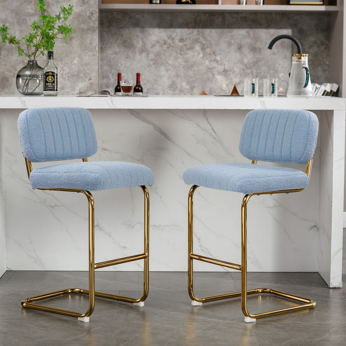 Mid-Century Modern Counter Height Bar Stools For Kitchen (Set of 2), Armless Bar Chairs With Gold Metal Chrome Base For Dining Room, Upholstered Boucle Fabric Counter Stools, Blue