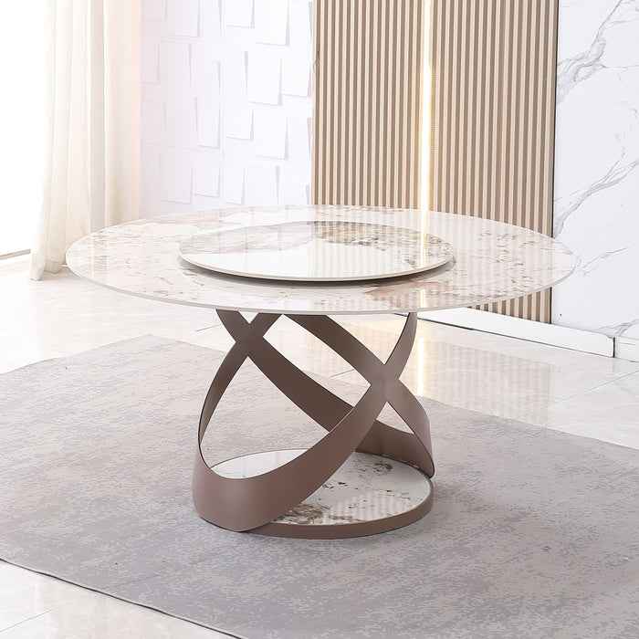 Modern Sintered Stone Dining Table With 315" Round Turntable And Metal Exquisite Pedestal With 8 Pieces Chairs