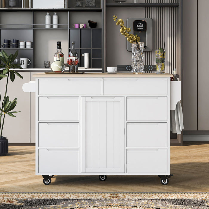 K & K Store Kitchen Cart With Rubber Wood CounterTop , Kitchen Island Has 8 Handle-Free Drawers Including A Flatware Organizer And 5 Wheels For Kitchen Dinning Room, White