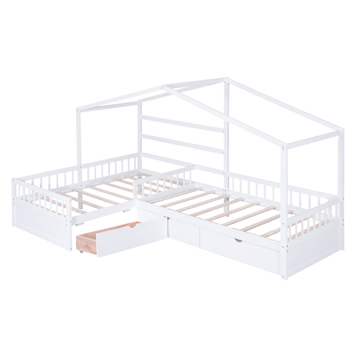 Twin Size House Platform Bed With Three Storage Drawers, White