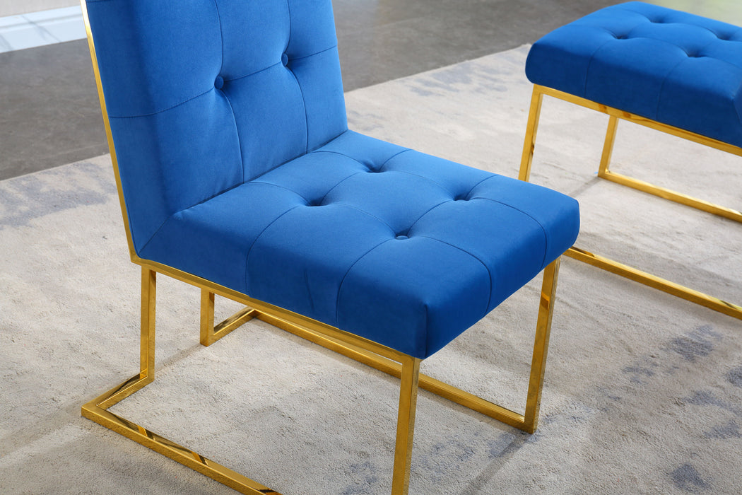Modern Velvet Dining Chair (Set of 2), Tufted Design And Gold Finish Stainless Base - Blue