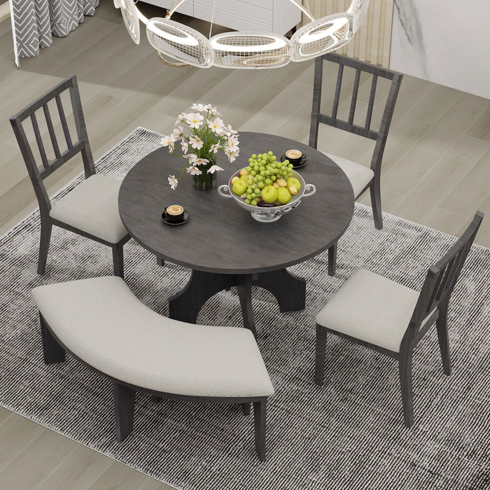 Trexm 5 Piece Dining Table Set, 44" Round Dining Table With Curved Bench & Side Chairs For 4-5 People For Dining Room And Kitchen (Gray)