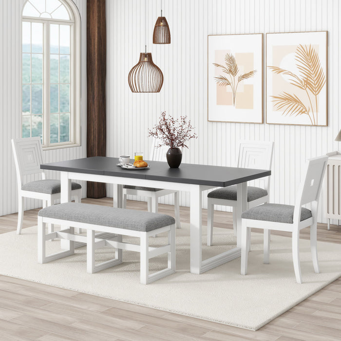 Topmax Modern 6 Piece Extendable Dining Table Set, 4 Upholstered Dining Chairs And Dining Bench, Butterfly Leaf, White