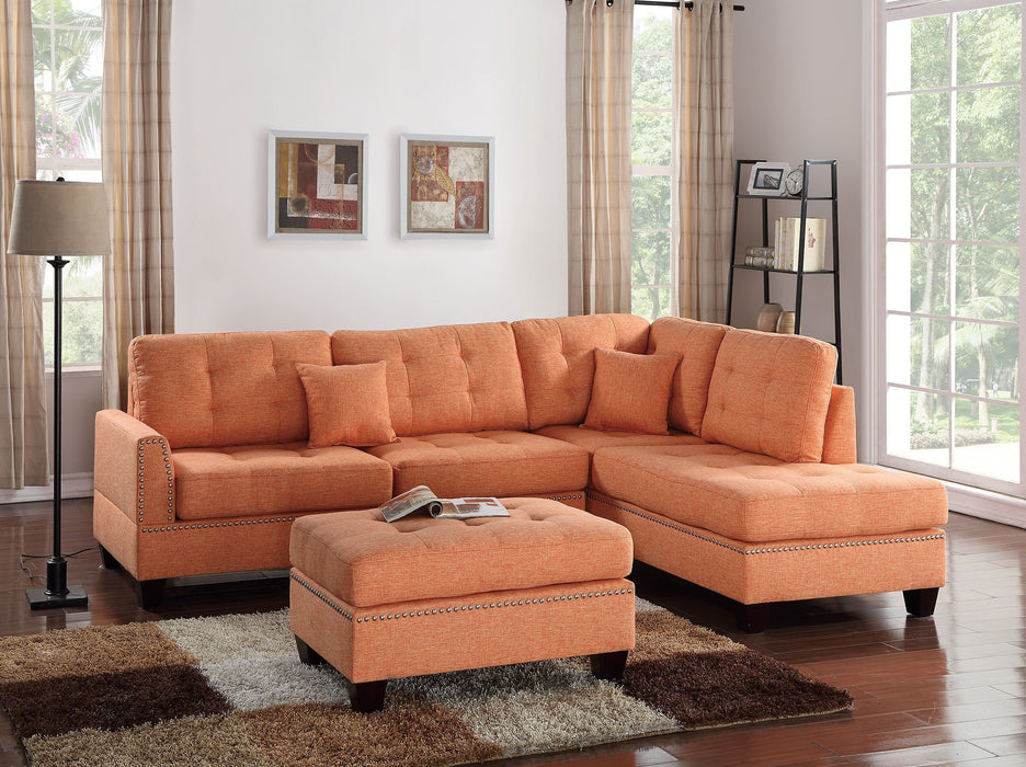 Modern Citrus Color 3 Pieces Sectional Living Room Furniture Reversible Chaise Sofa And Ottoman Tufted Polyfiber Linen Like Fabric Cushion Couch Pillows