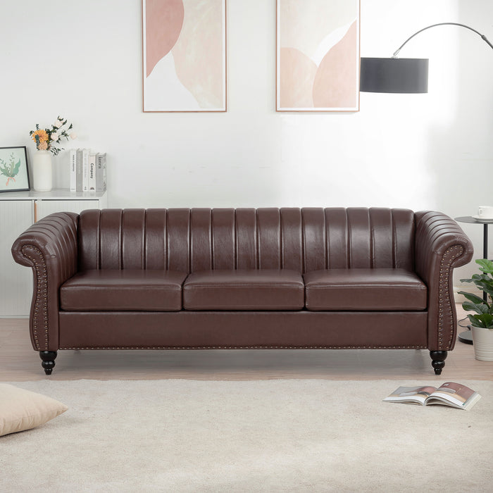 Rolled Arm Chesterfield, Three Seater Sofa - Dark Brown
