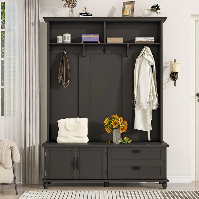 On-Trend Modern Style Hall Tree With Storage Cabinet And 2 Large Drawers, Widen Mudroom Bench With 5 Coat Hooks - Black