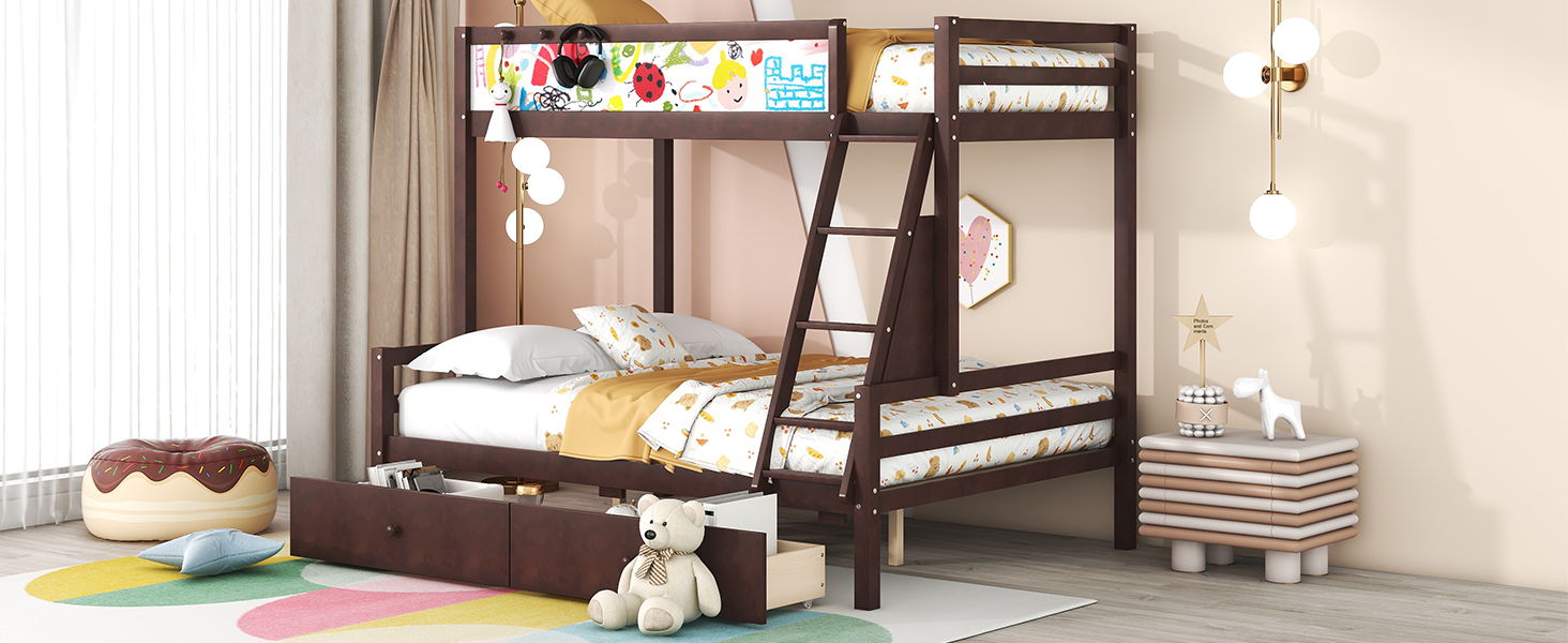 Wood Twin Over Full Bunk Bed With Whiteboard, 3 Hooks And 2 Drawers, Espresso