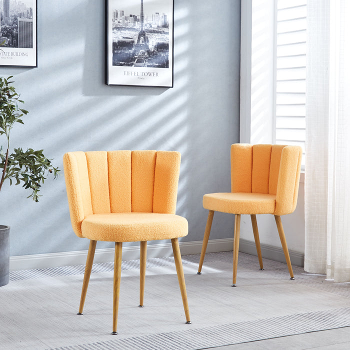 Modern Yellow Dining Chair (Set of 2) With Iron Tube Wood Color Legs, Shorthair Cushions And Comfortable Backrest, Suitable For Dining Room, Cafe, Simple Structure.