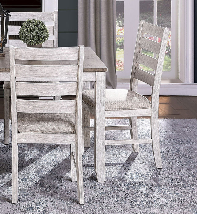 Grayish White And Brown Finish Casual Dining Room Furniture 8 Pieces Dining Set Rectangular Wooden Table And 6 Side Chairs Fabric Upholstered Seat