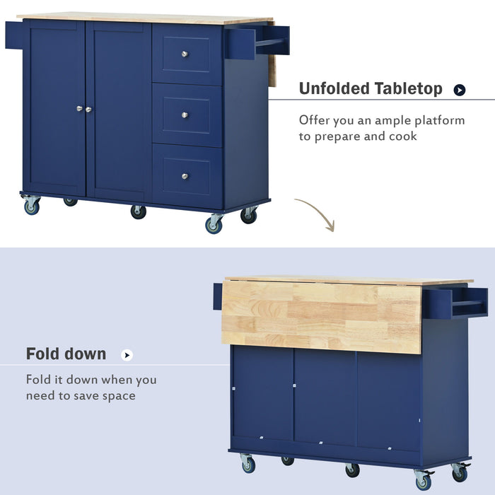 Rolling Mobile Kitchen Island With Drop Leaf - Solid Wood Top , Locking Wheels & Storage Cabinet 52.7 Inch Width (Dark Blue)