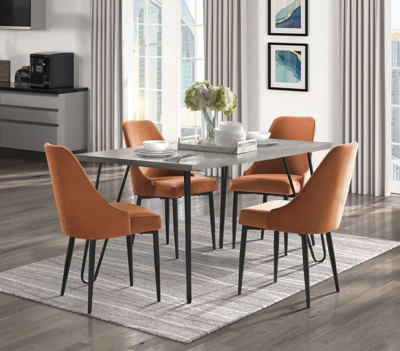 Modern Sleek Design 5 Pieces Dining Set Table And 4 Side Chairs Orange Velvet Casual Metal Frame Stylish Dining Furniture