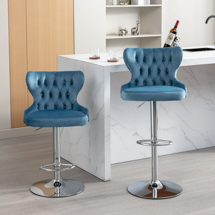 Swivel Velvet Barstools Adjusatble Seat Height From 25 - 33", Modern Upholstered Chrome Base Bar Stools With Backs Comfortable Tufted For Home Pub And Kitchen Island, Light Blue