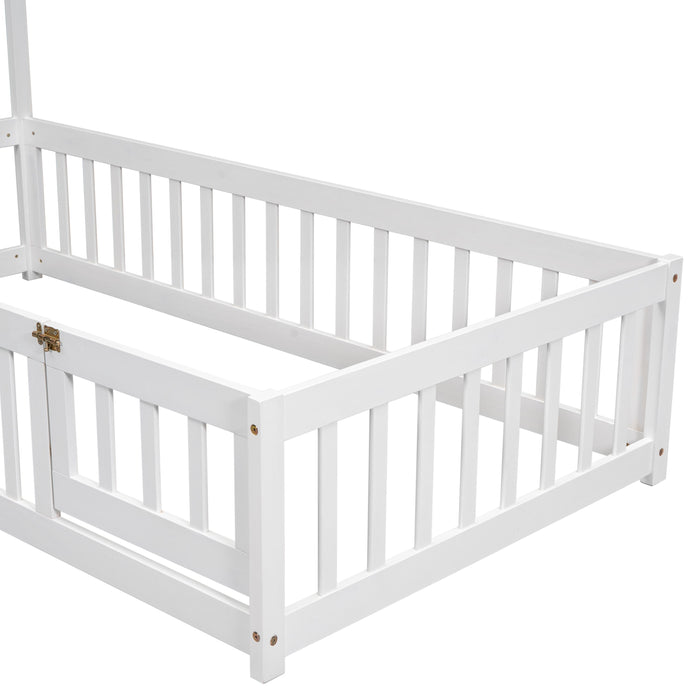 Twin House Shaped Headboard Floor Bed With Fence, White