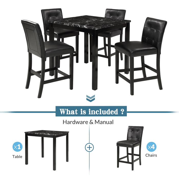Topmax 5 Piece Kitchen Table Set Faux Marble Top Counter Height Dining Table Set With 4 PU Leather Upholstered Chairs, Black