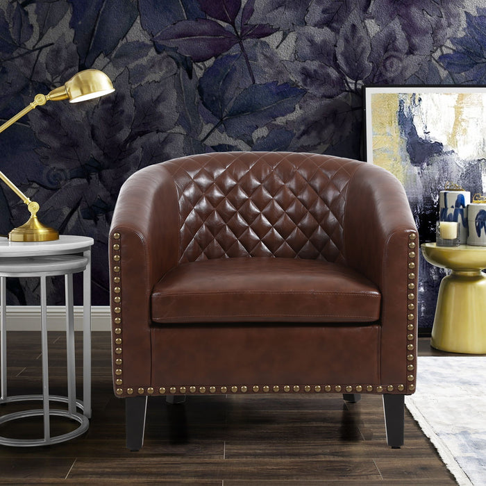 Coolmore Accent Barrel Chair With Nailheads And Solid Wood Legs Brown PU Leather