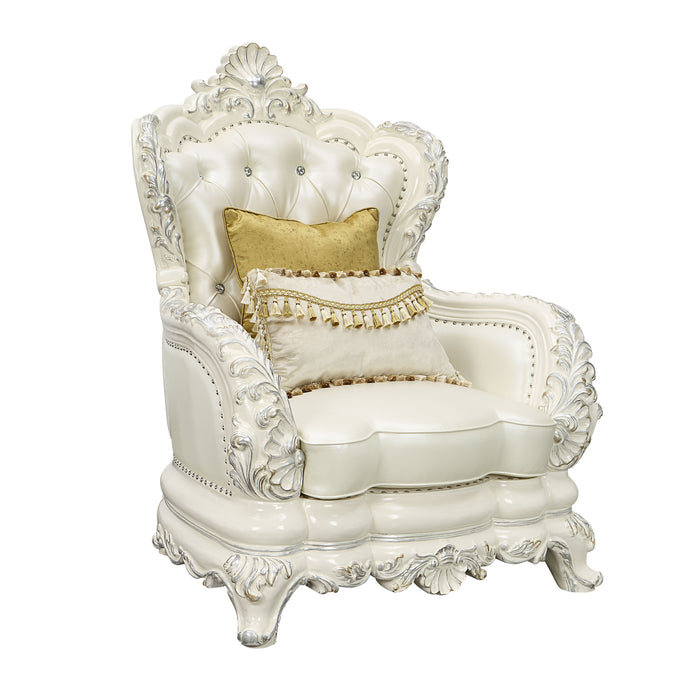 Acme Adara Chair With 2 Pillows Pearl White PU & Antique White Finish