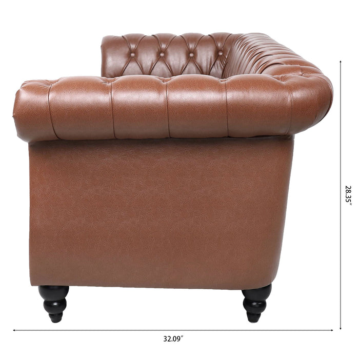 Rolled Arm Chesterfield Three Seater Sofa - Brown