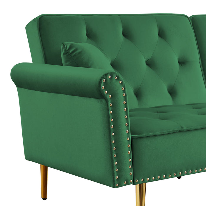 Modern Velvet Upholstered Reversible Sectional Sofa Bed, L-Shaped Couch With Movable Ottoman And Nailhead Trim For Living Room (Green)