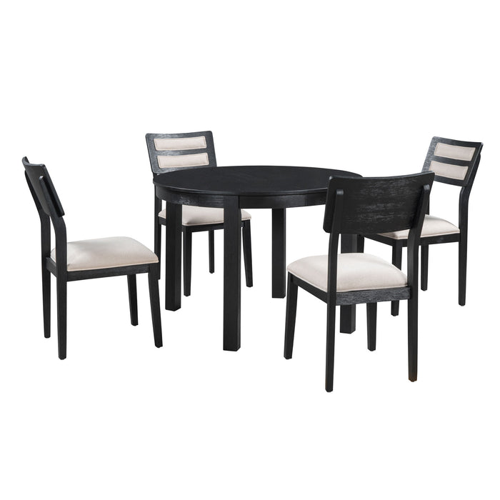 Trexm 5 Piece Multifunctional Dining Table Set, Farmhouse Dining Set With Extendable Round Table, Two Small Drawers And 4 Upholstered Dining Chairs For Kitchen And Dining Room (Black)