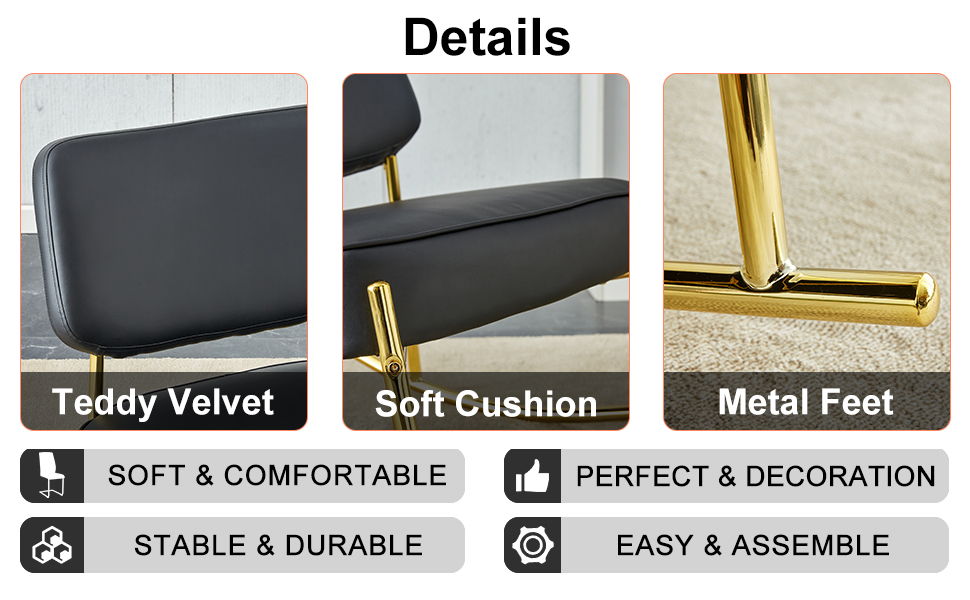 PU Material Cushioned Rocking Chair, Unique Rocking Chair, Cushioned Seat, Black Backrest Rocking Chair, And Gold Metal Legs Comfortable Side Chairs In The Living Room, Bedroom, And Office