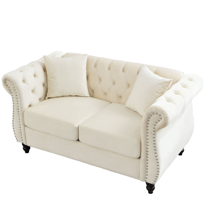 58.8" Chesterfield Sofa Beige Velvet For Living Room, 2 Seater Sofa Tufted Couch With Rolled Arms And Nailhead For Living Room, Bedroom, Office, Apartment, Two Pillows