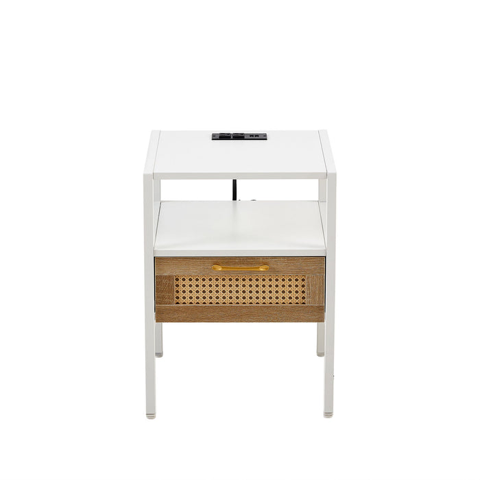 Rattan End Table With Power Outlet & USB Ports, Modern Nightstand With Drawer And Metal Legs, Side Table For Living Room, Bedroom, White (1 Piece)