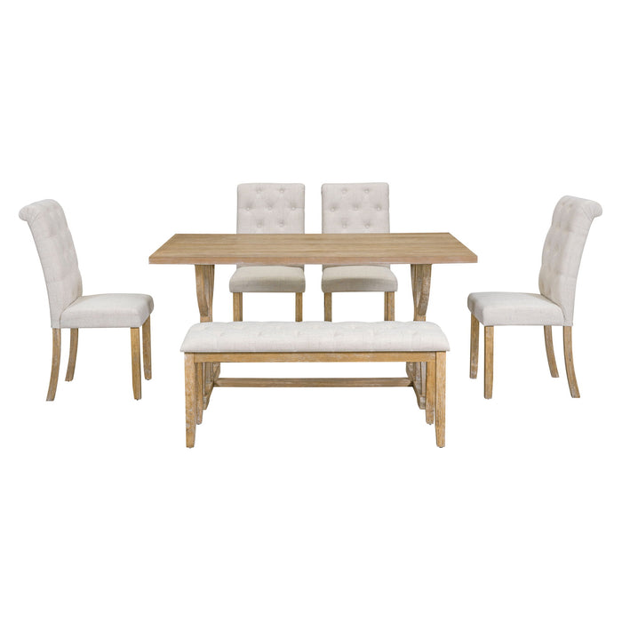 Trexm 6 Piece Retro Rectangular Dining Table Set, Table With Unique Legs And 4 Upholstered Chairs & 1 Bench For Dining Room And Kitchen (Natural Wood Wash)