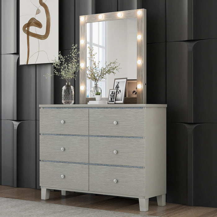 Champagne Silver Rubber Wood Dresser & Mirror With 6 Drawers Metal Slides Crystal Handle Led Lights Mirror