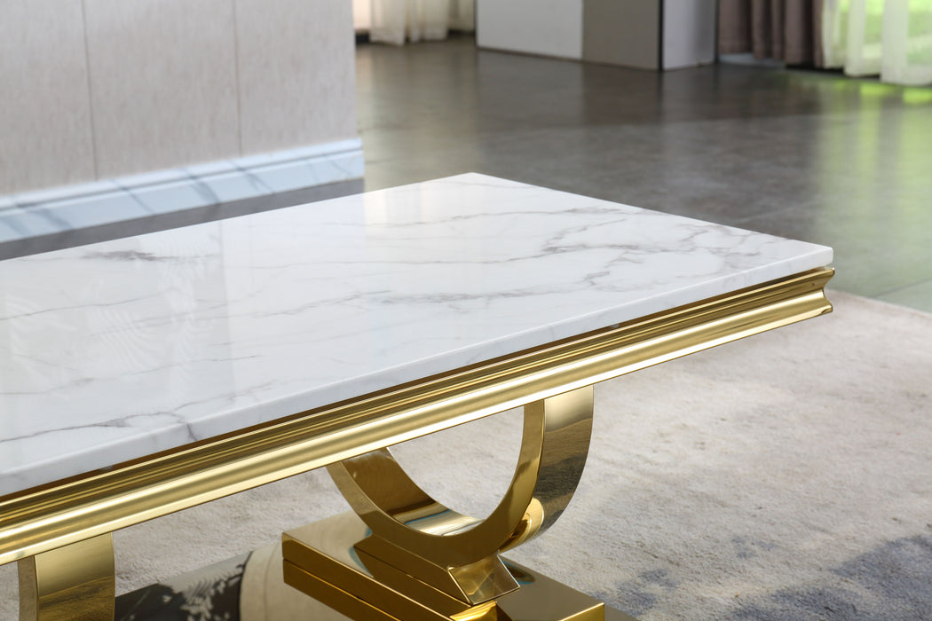 Modern Rectangular White Marble Coffee Table, 0.71" Thick Marble Top , U-Shape Stainless Steel Base With Gold Mirrored Finish