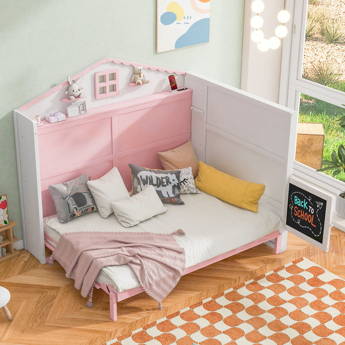 Wood Full Size House Murphy Bed With USB, Storage Shelves And Blackboard, Pink / White