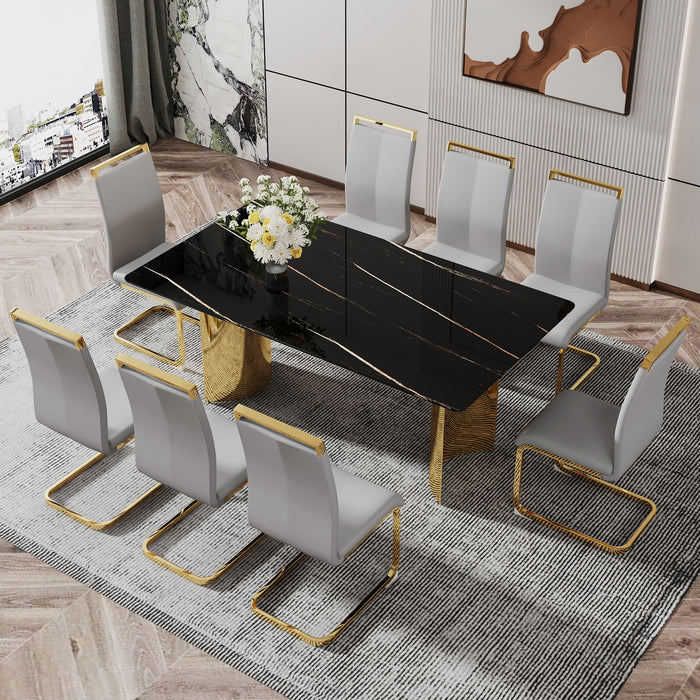 Modern Minimalist Dining Table The Black Patterned Glass Desktop Is Equipped With Golden Metal Legs Suitable For Restaurants And Living Rooms