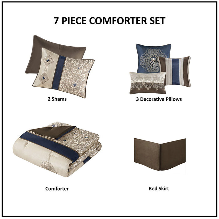 7 Piece Jacquard Comforter Set With Throw Pillows - Navy