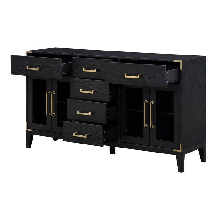 Trexm 6 Drawer And 2 - Cabinet Retro Sideboard With Extra Large Storage Space, With Gold Handles And Solid Wood Legs, For Kitchen And Living Room (Black)
