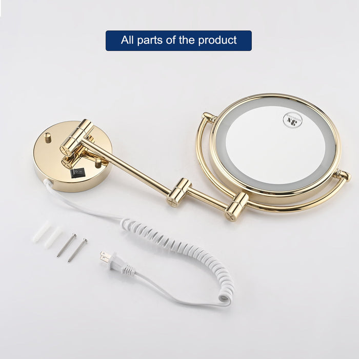 8" LED Wall Mount Two - Sided Magnifying Makeup Vanity Mirror 12" Extension Matte Black 1X / 3 Magnification Plug 360 Degree Rotation Waterproof Button Shaving Mirror - Gold
